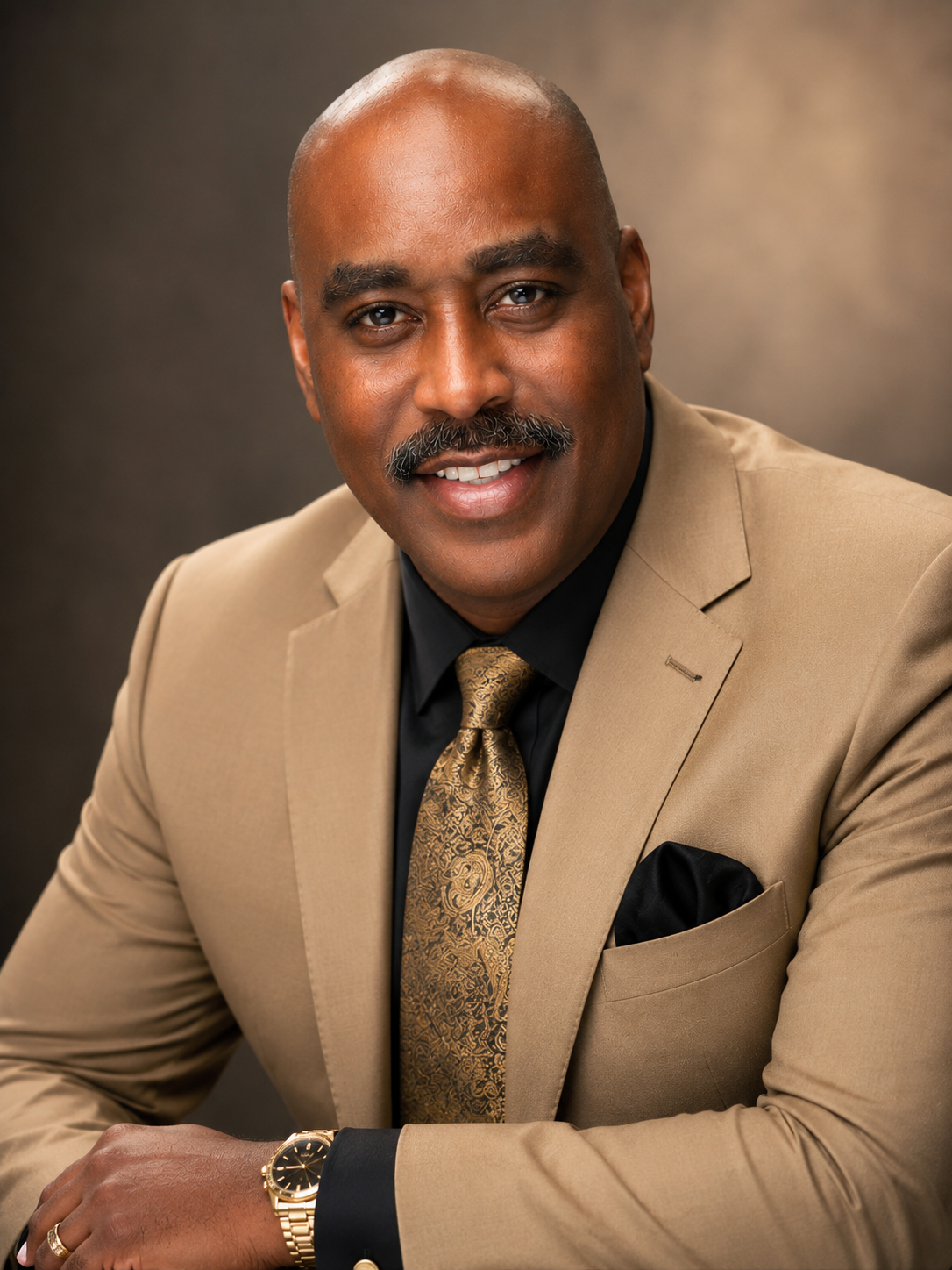 Dr. Melvin Futrell in a tan suit with black shirt and gold tie